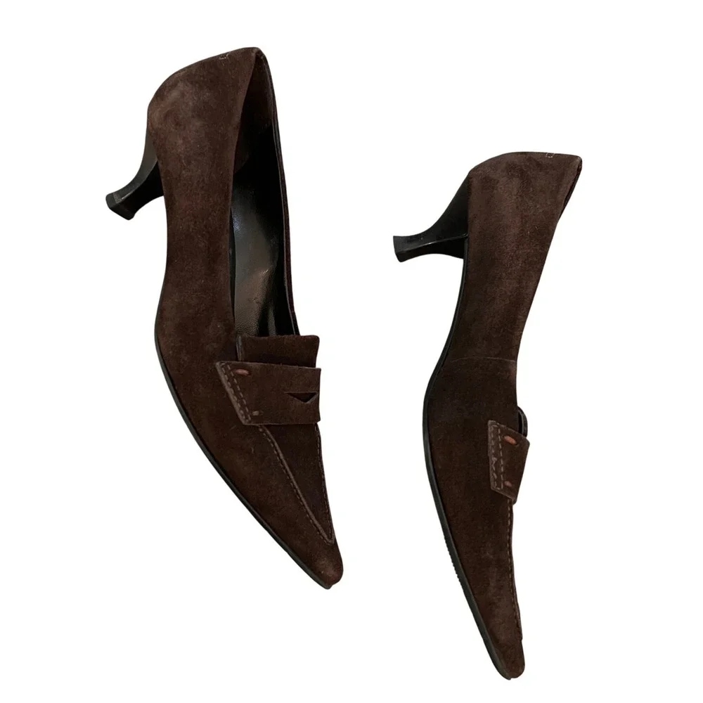 Franco Sarto Brown leather Suede Pointed Toe Kitten Heel Penny Loafer Pumps 6M